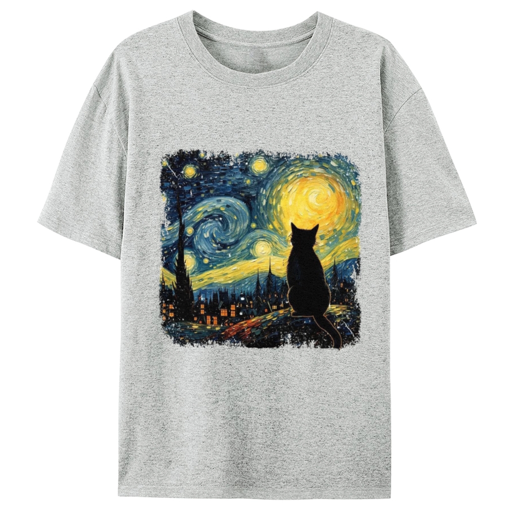 Van Gogh Starry Night Cat Retro Designed for Women - Slim Fit Cotton Tee