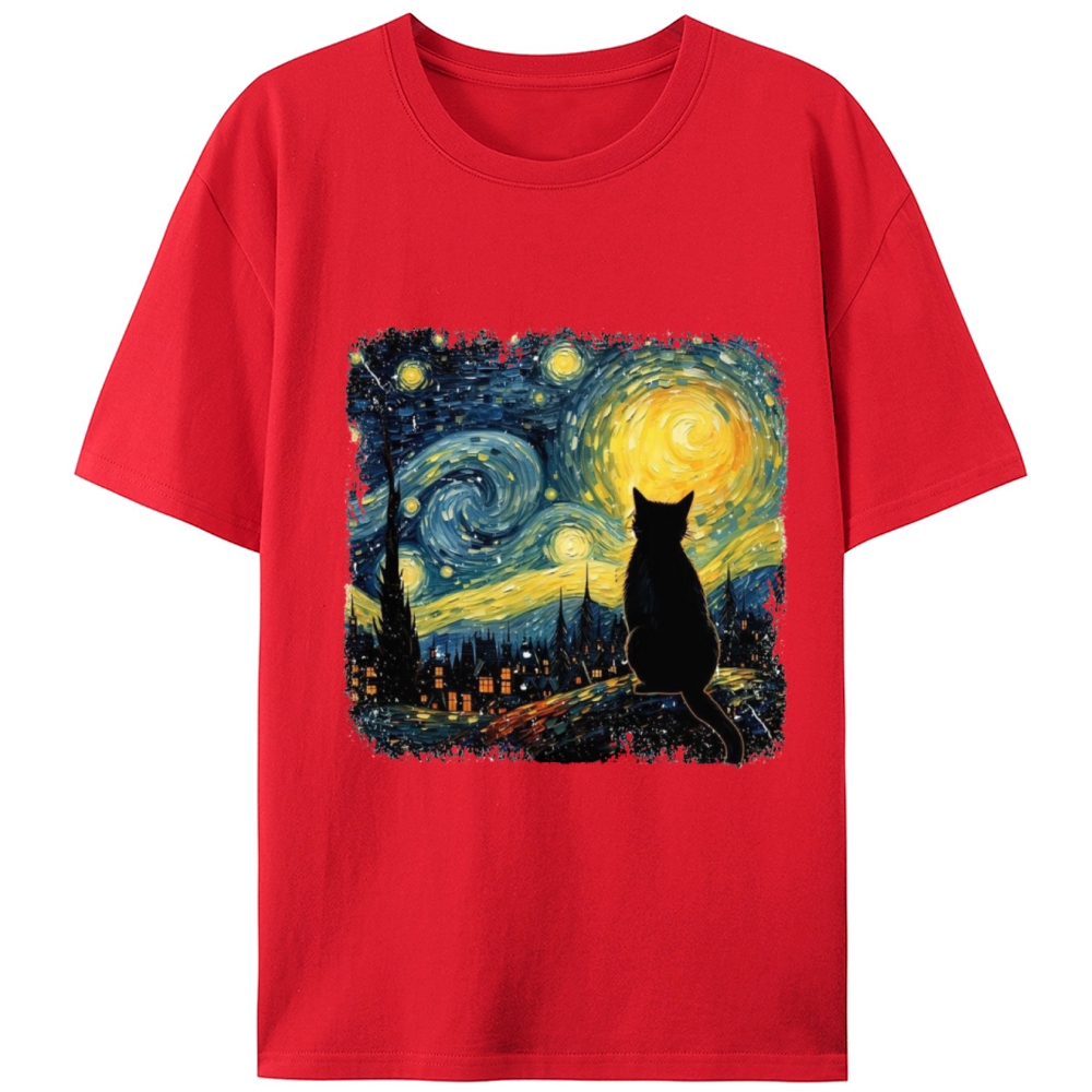 Van Gogh Starry Night Cat Retro Designed for Women - Slim Fit Cotton Tee