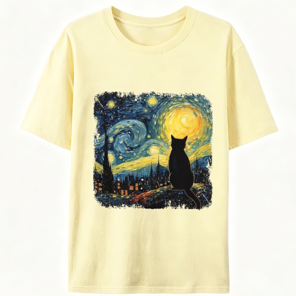 Van Gogh Starry Night Cat Retro Designed for Women - Slim Fit Cotton Tee