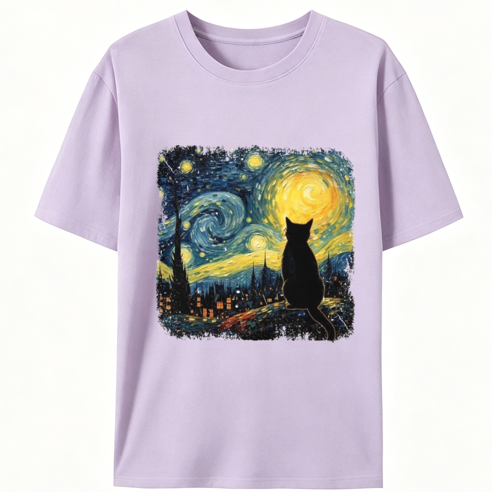 Van Gogh Starry Night Cat Retro Designed for Women - Slim Fit Cotton Tee