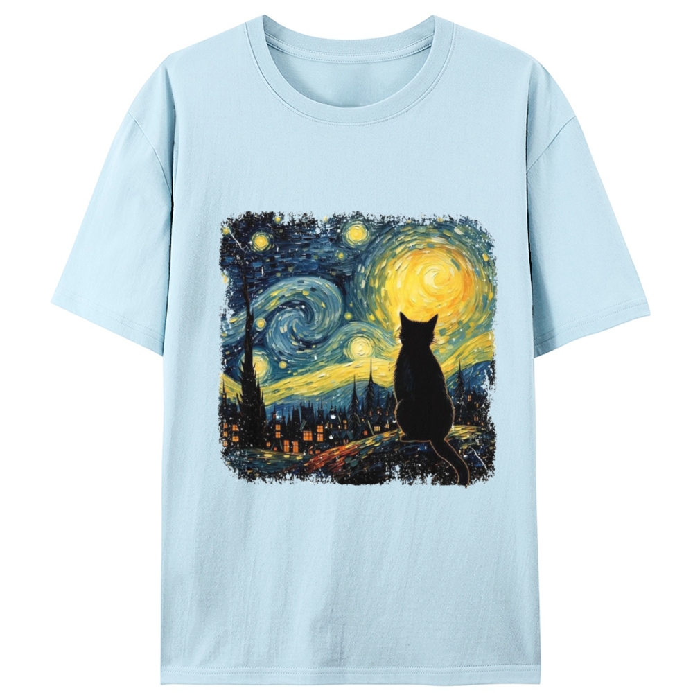 Van Gogh Starry Night Cat Retro Designed for Women - Slim Fit Cotton Tee
