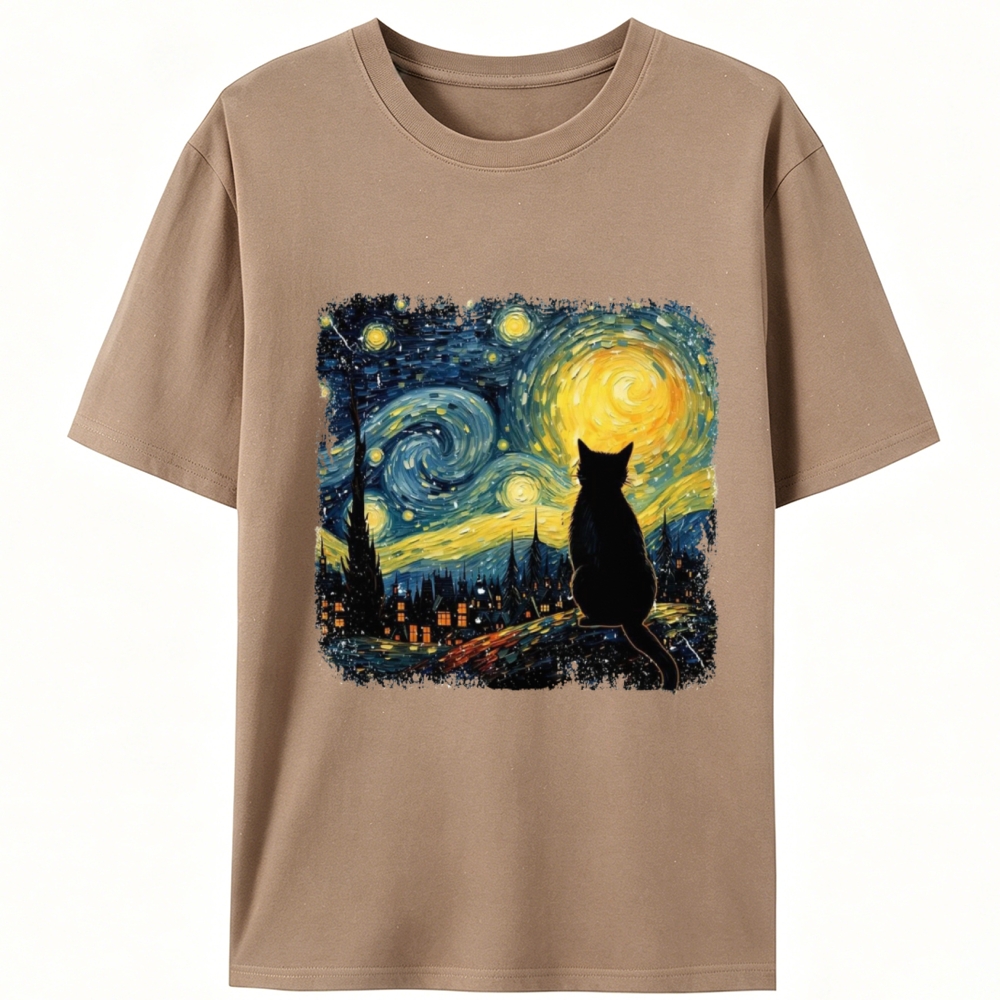 Van Gogh Starry Night Cat Retro Designed for Women - Slim Fit Cotton Tee