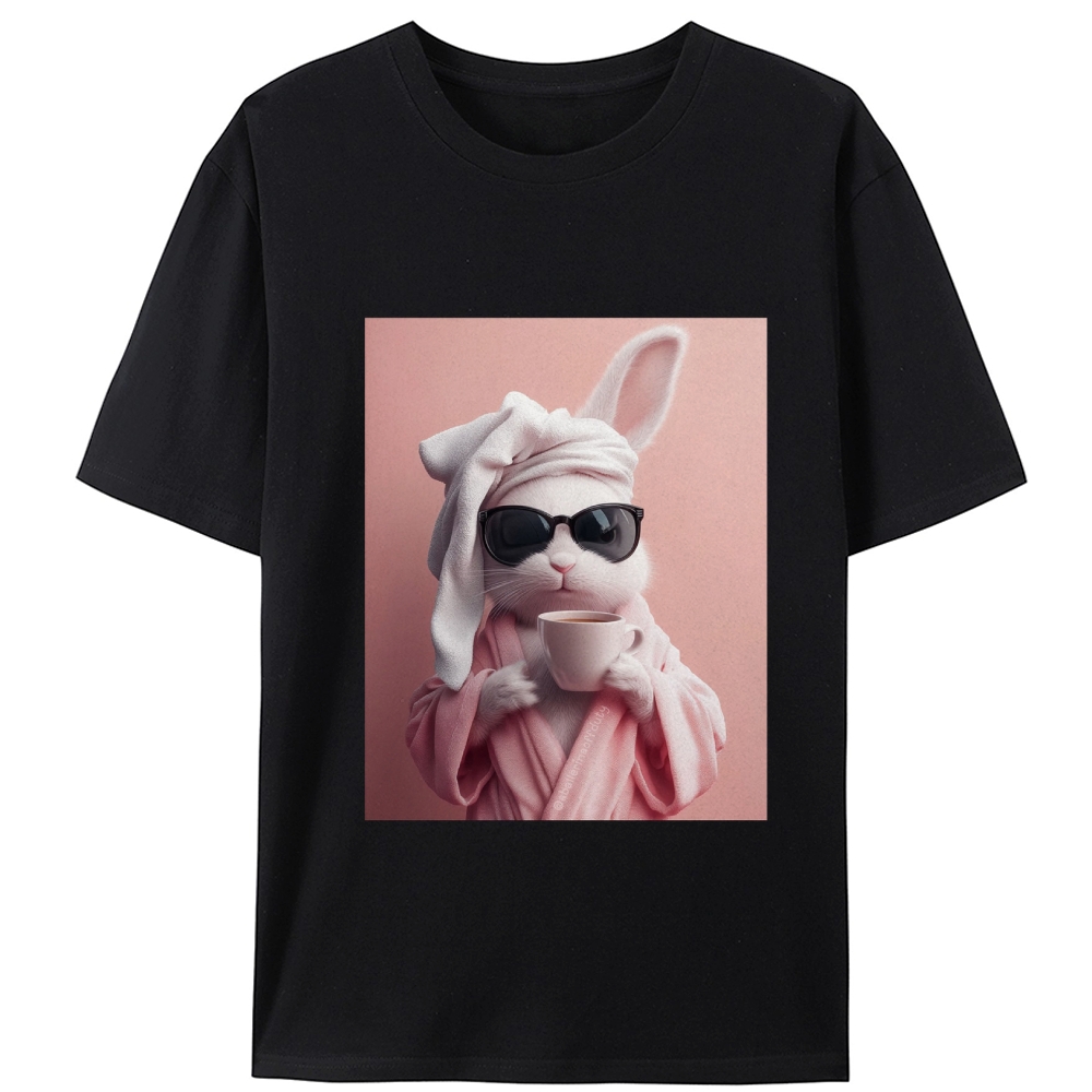 Bunny in Bathrobe Morning Coffee Retro Designed for Women - Slim Fit Cotton Tee