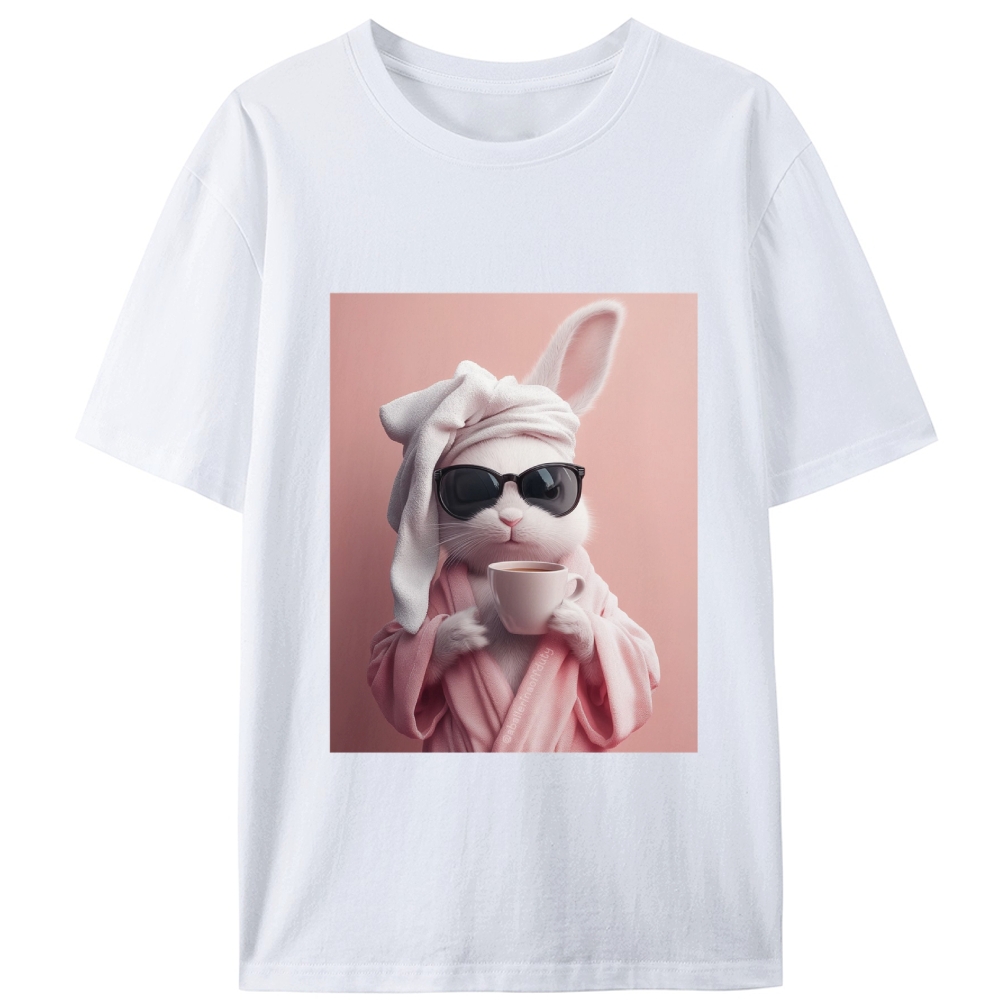 Bunny in Bathrobe Morning Coffee Retro Designed for Women - Slim Fit Cotton Tee