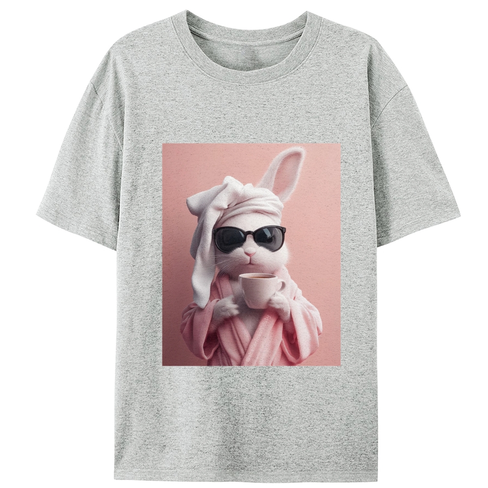 Bunny in Bathrobe Morning Coffee Retro Designed for Women - Slim Fit Cotton Tee