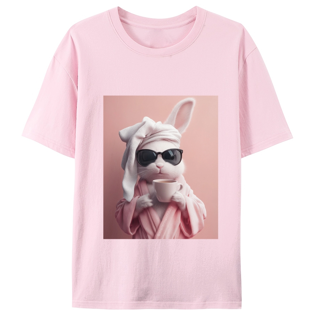 Bunny in Bathrobe Morning Coffee Retro Designed for Women - Slim Fit Cotton Tee