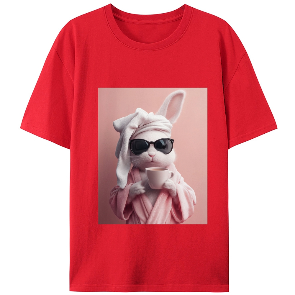 Bunny in Bathrobe Morning Coffee Retro Designed for Women - Slim Fit Cotton Tee