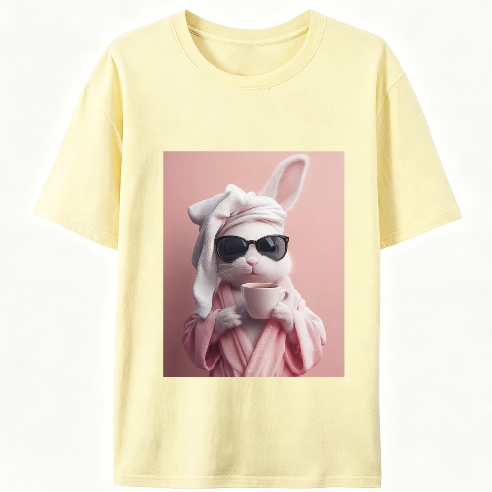 Bunny in Bathrobe Morning Coffee Retro Designed for Women - Slim Fit Cotton Tee