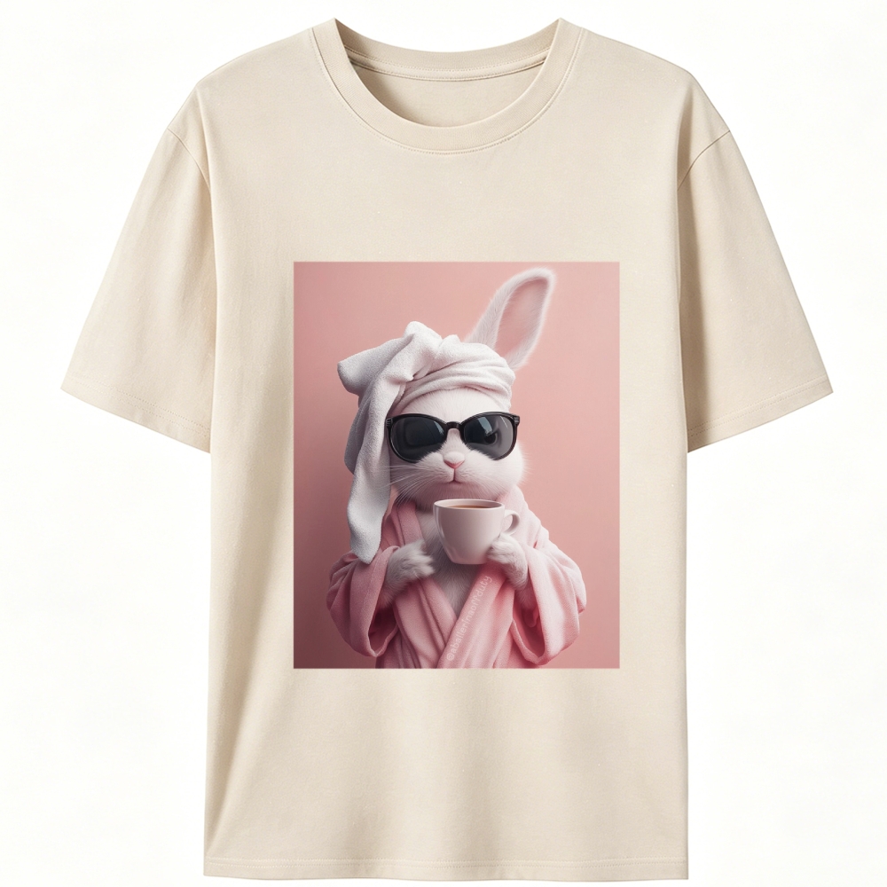 Bunny in Bathrobe Morning Coffee Retro Designed for Women - Slim Fit Cotton Tee