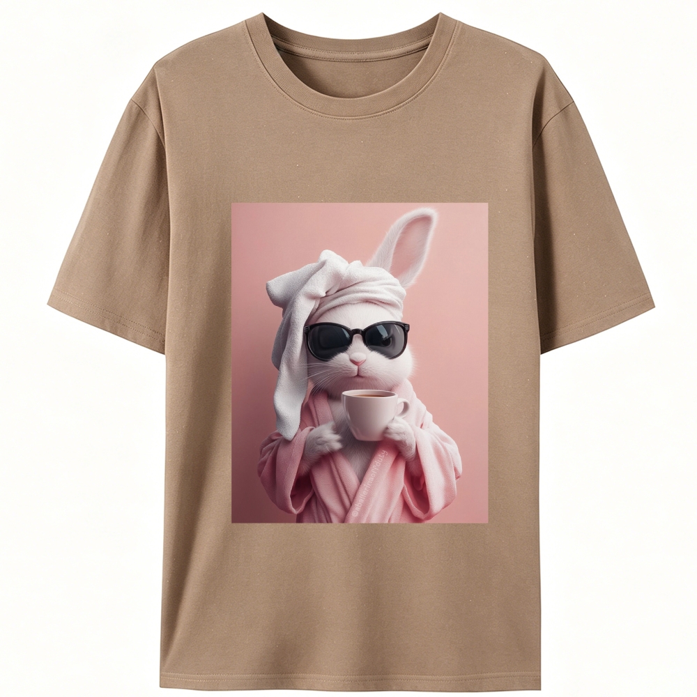 Bunny in Bathrobe Morning Coffee Retro Designed for Women - Slim Fit Cotton Tee
