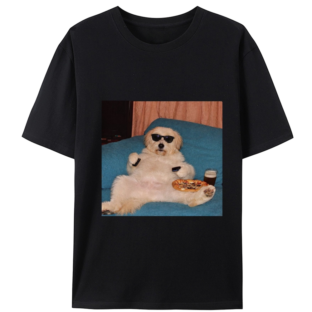 Chill Dog With Pizza Beer Remote Control Meme Retro Designed for Women - Slim Fit Cotton Tee