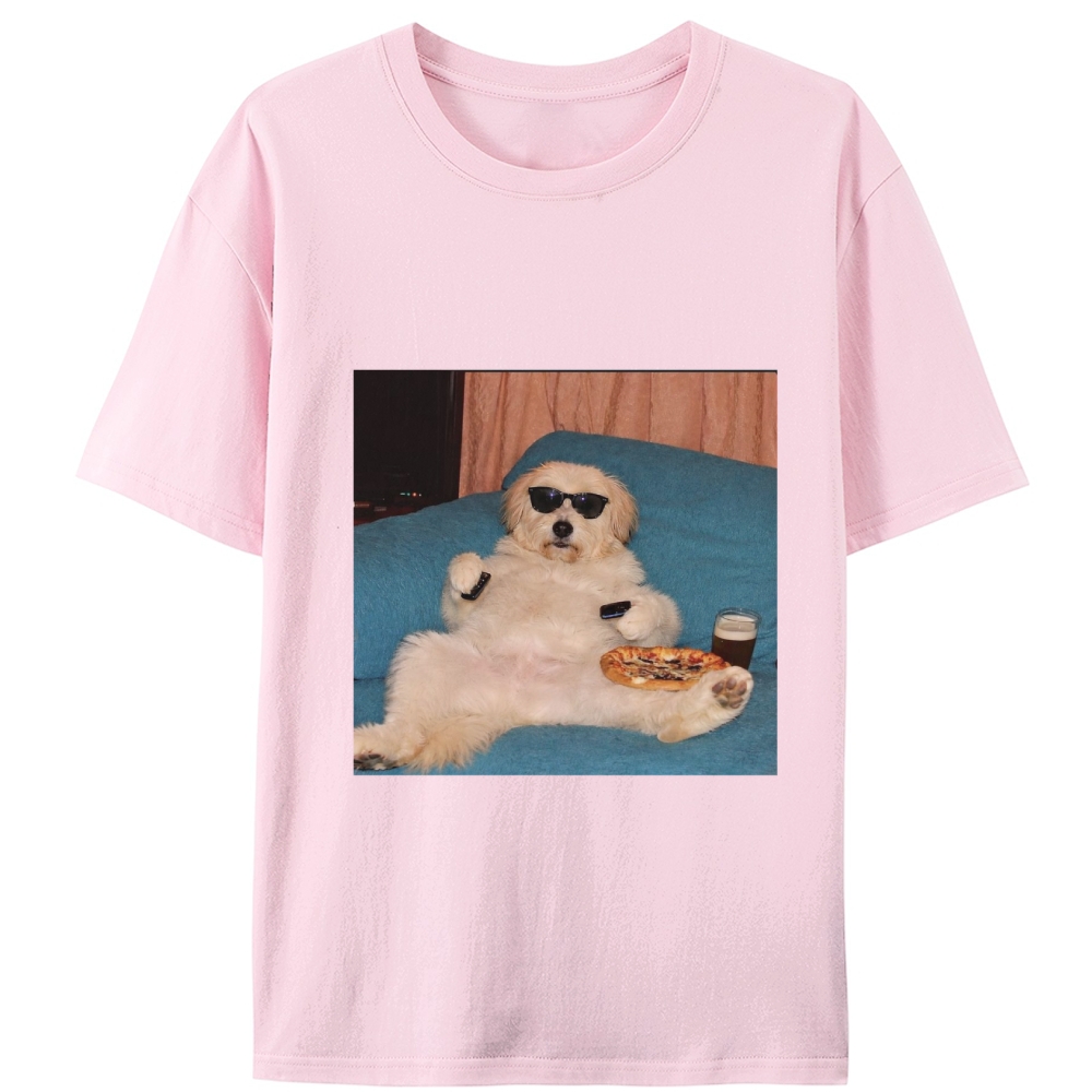 Chill Dog With Pizza Beer Remote Control Meme Retro Designed for Women - Slim Fit Cotton Tee