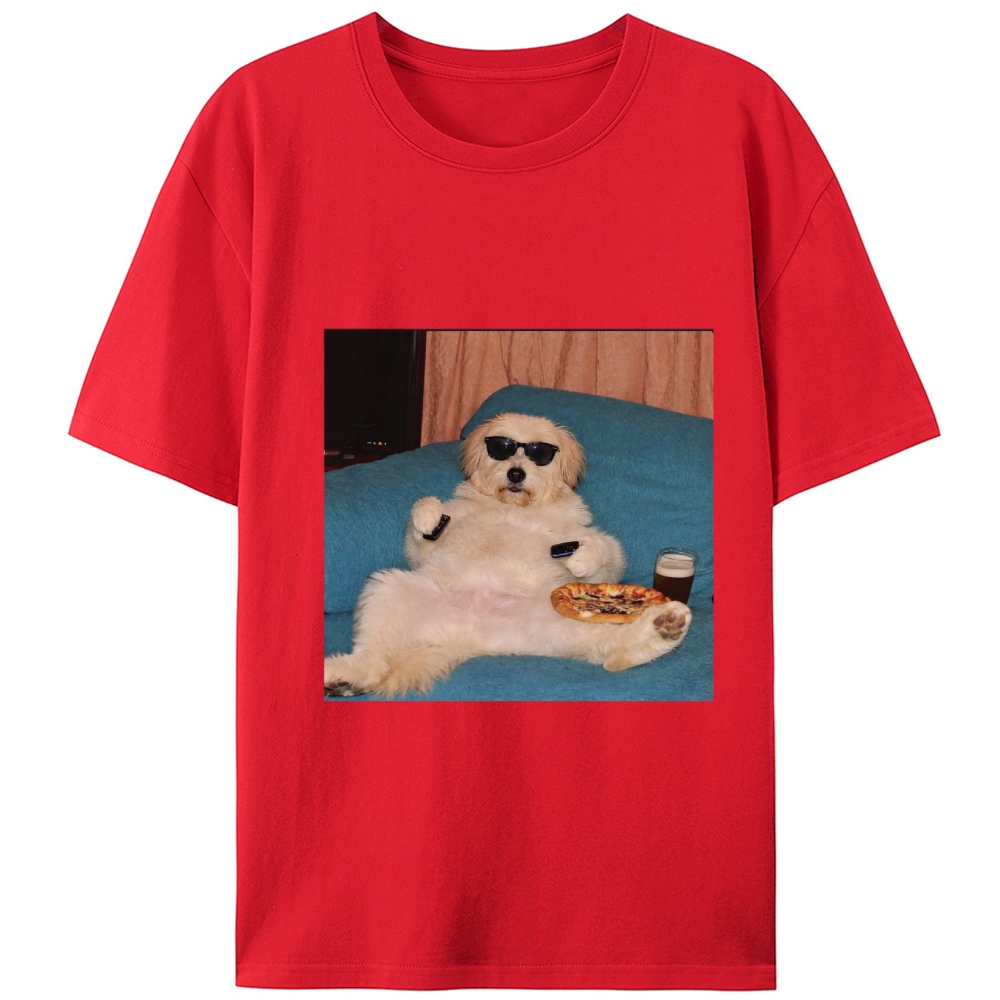 Chill Dog With Pizza Beer Remote Control Meme Retro Designed for Women - Slim Fit Cotton Tee