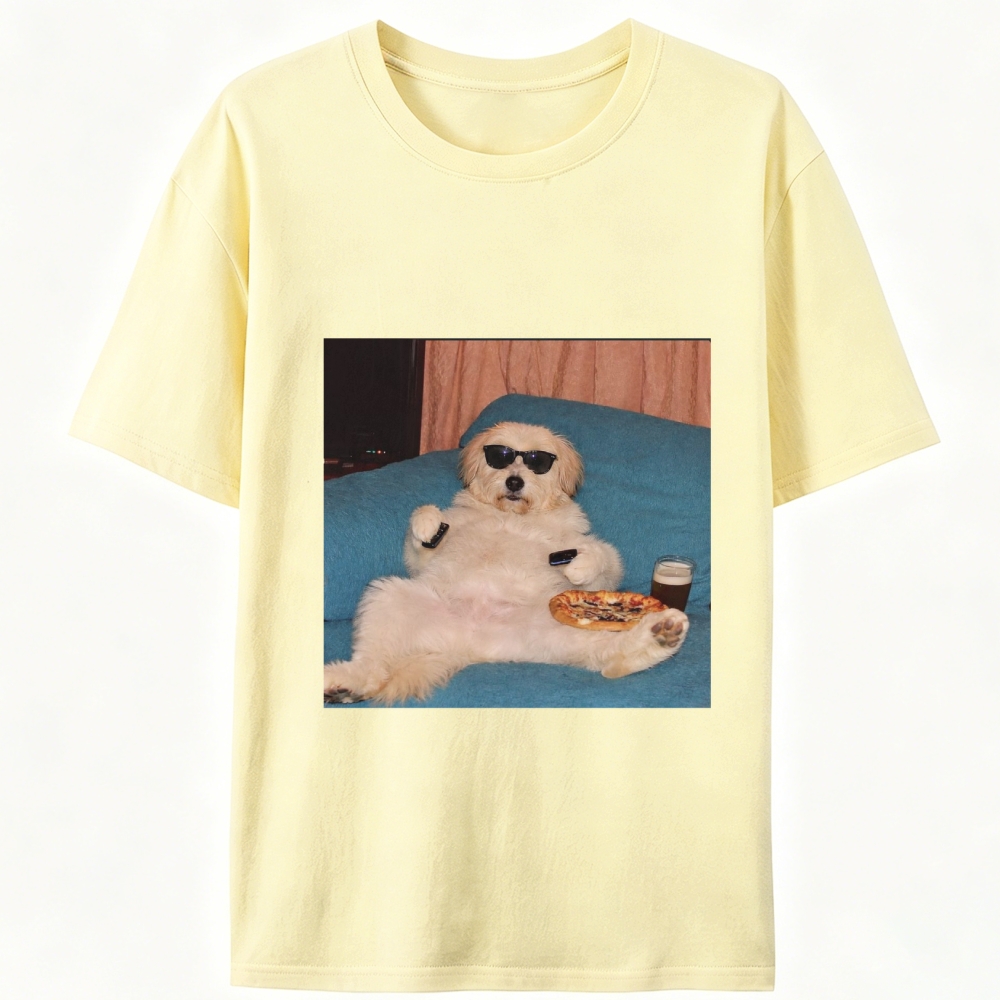 Chill Dog With Pizza Beer Remote Control Meme Retro Designed for Women - Slim Fit Cotton Tee