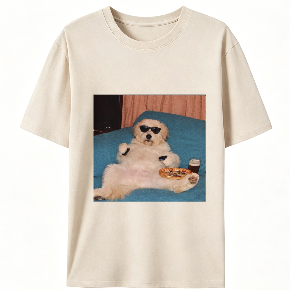 Chill Dog With Pizza Beer Remote Control Meme Retro Designed for Women - Slim Fit Cotton Tee
