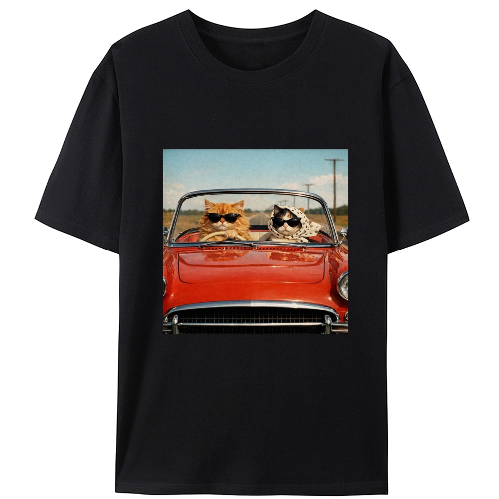 Cats In Red Convertible Road Trip Meme Retro Designed for Women - Slim Fit Cotton Tee