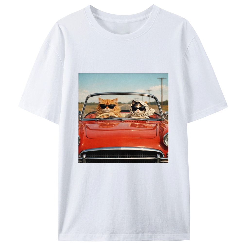 Cats In Red Convertible Road Trip Meme Retro Designed for Women - Slim Fit Cotton Tee