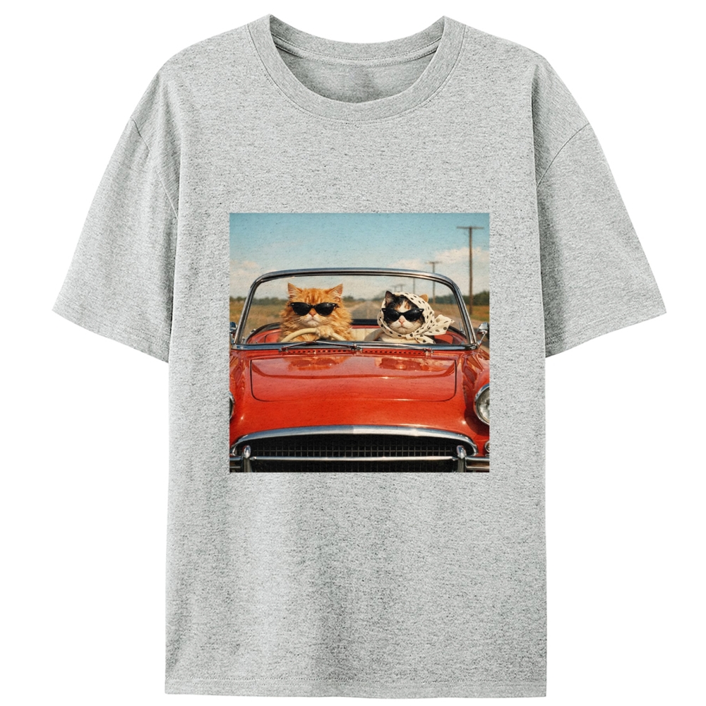 Cats In Red Convertible Road Trip Meme Retro Designed for Women - Slim Fit Cotton Tee