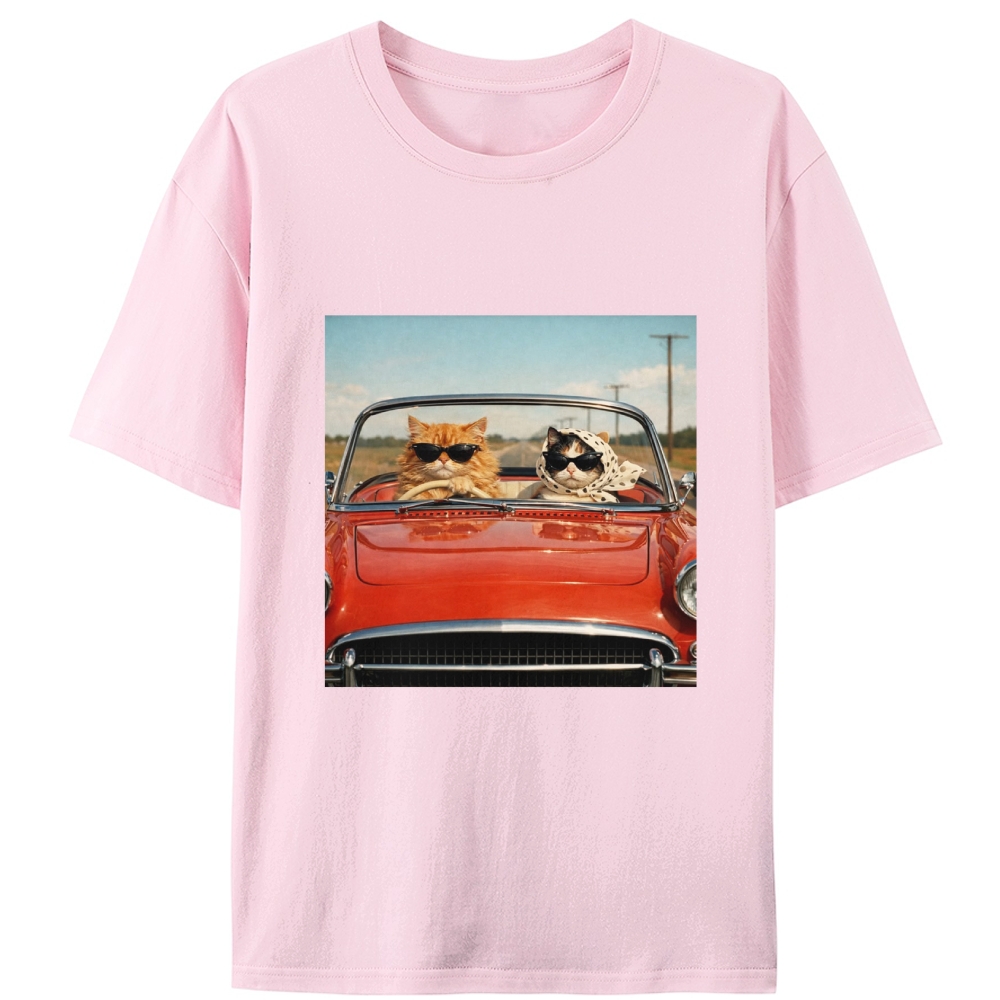 Cats In Red Convertible Road Trip Meme Retro Designed for Women - Slim Fit Cotton Tee