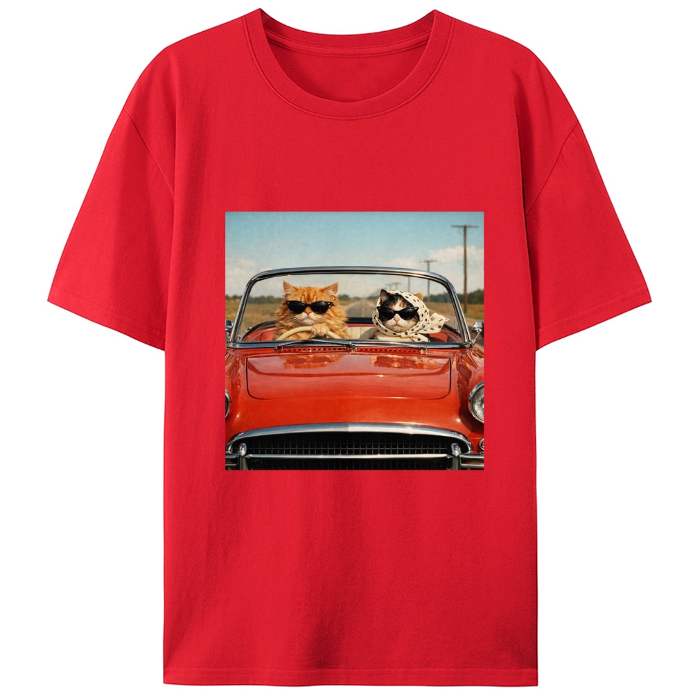Cats In Red Convertible Road Trip Meme Retro Designed for Women - Slim Fit Cotton Tee