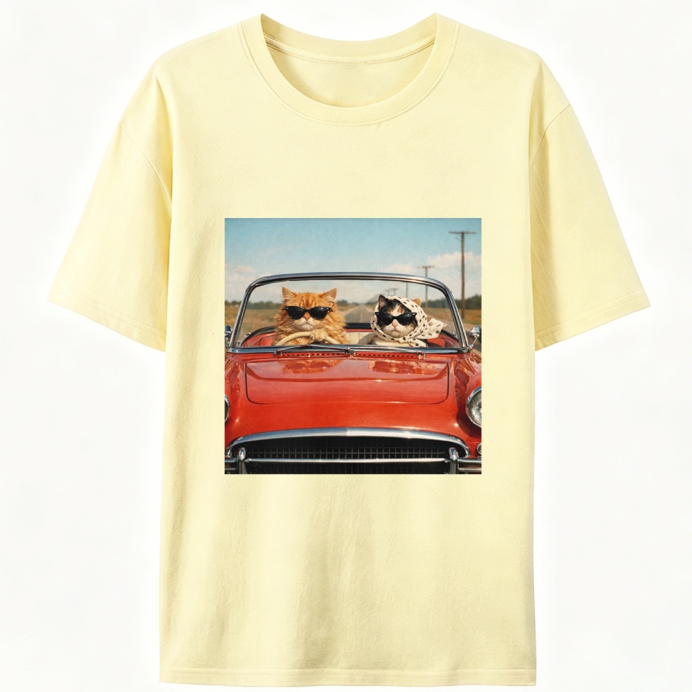 Cats In Red Convertible Road Trip Meme Retro Designed for Women - Slim Fit Cotton Tee