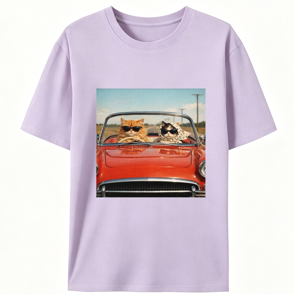 Cats In Red Convertible Road Trip Meme Retro Designed for Women - Slim Fit Cotton Tee