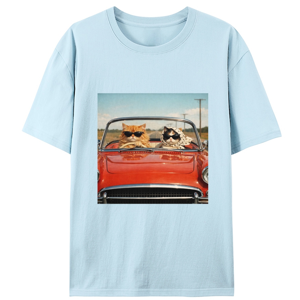 Cats In Red Convertible Road Trip Meme Retro Designed for Women - Slim Fit Cotton Tee