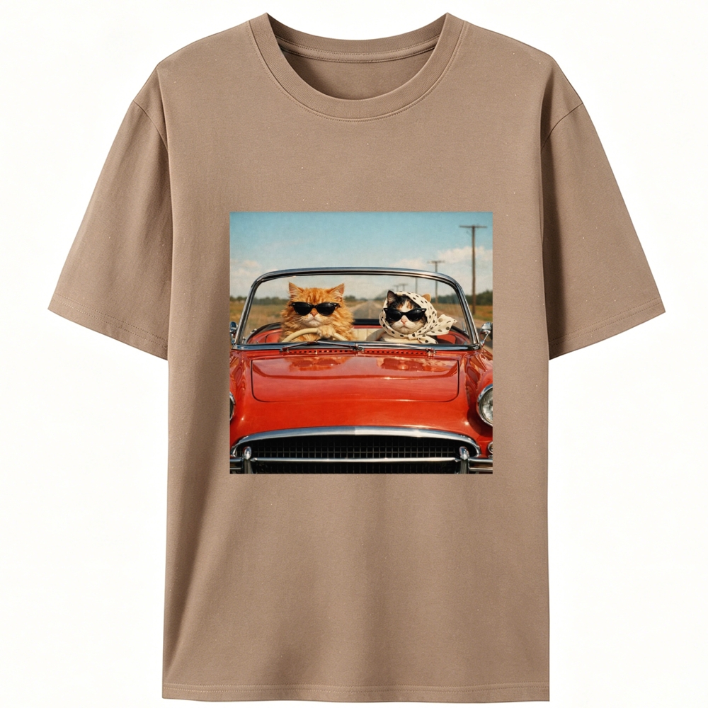 Cats In Red Convertible Road Trip Meme Retro Designed for Women - Slim Fit Cotton Tee