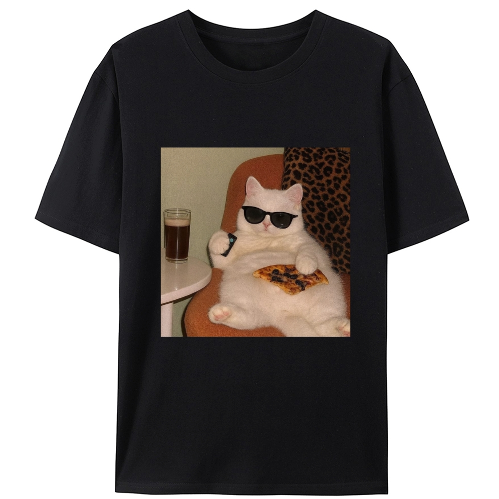 Lazy Cat Pizza & Beer Couch Potato Retro Designed for Women - Slim Fit Cotton Tee