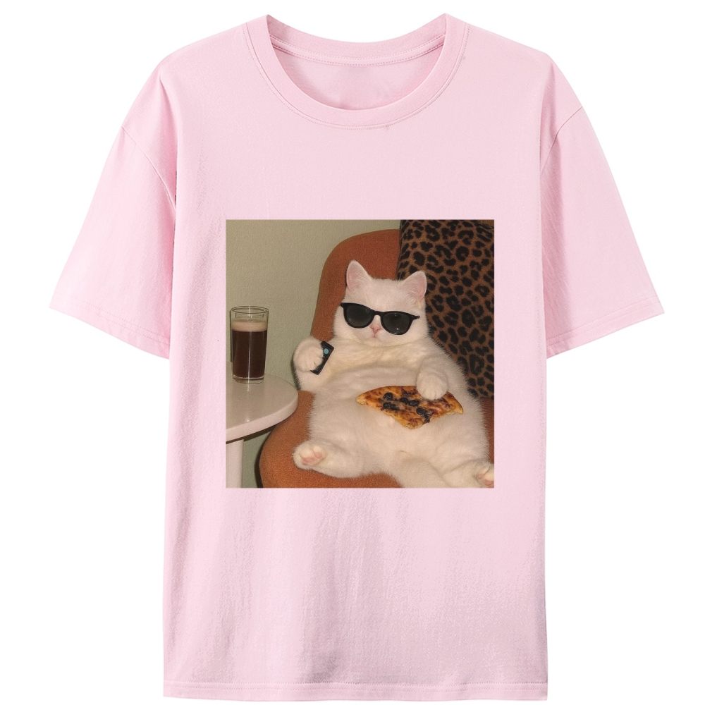 Lazy Cat Pizza & Beer Couch Potato Retro Designed for Women - Slim Fit Cotton Tee