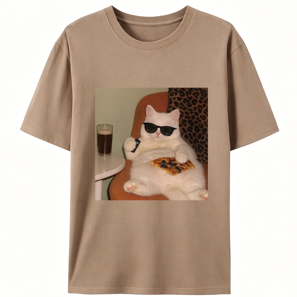 Lazy Cat Pizza & Beer Couch Potato Retro Designed for Women - Slim Fit Cotton Tee