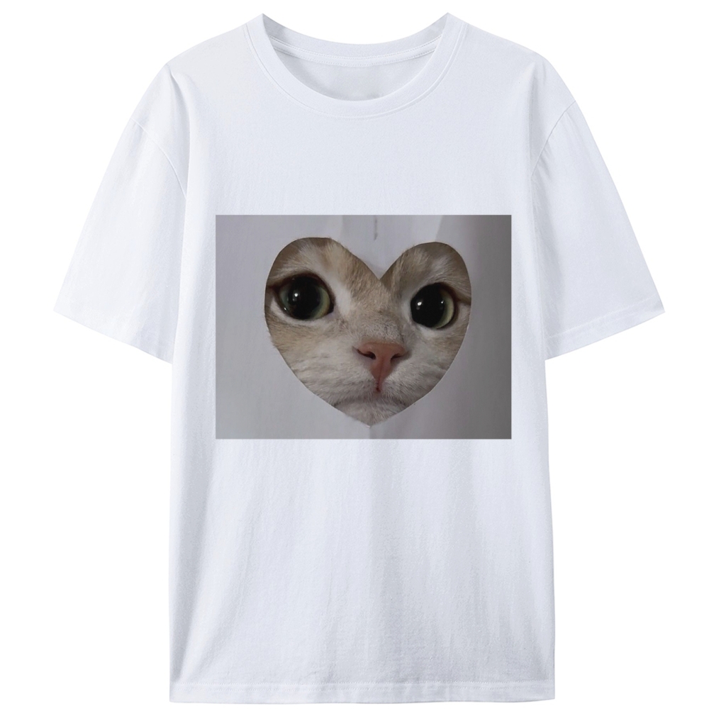 Heart Cutout Cat Face Retro Designed for Women - Slim Fit Cotton Tee