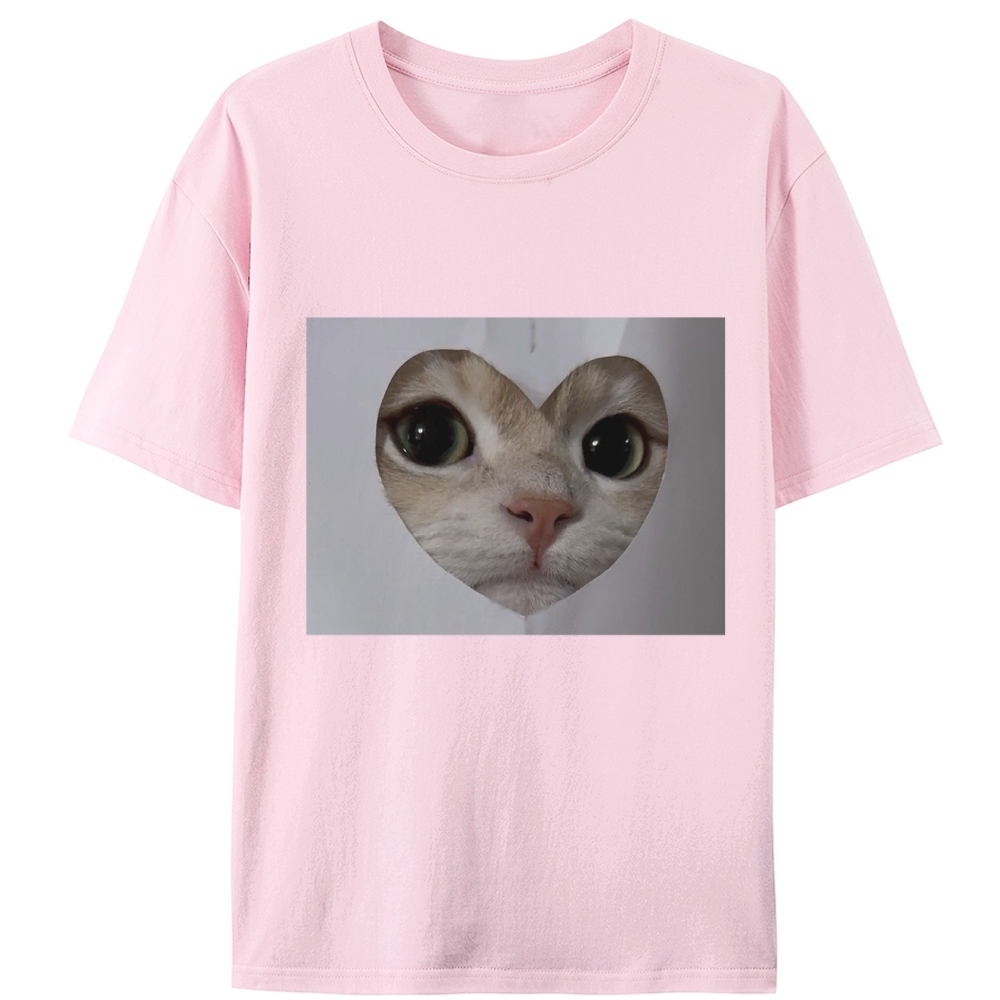 Heart Cutout Cat Face Retro Designed for Women - Slim Fit Cotton Tee