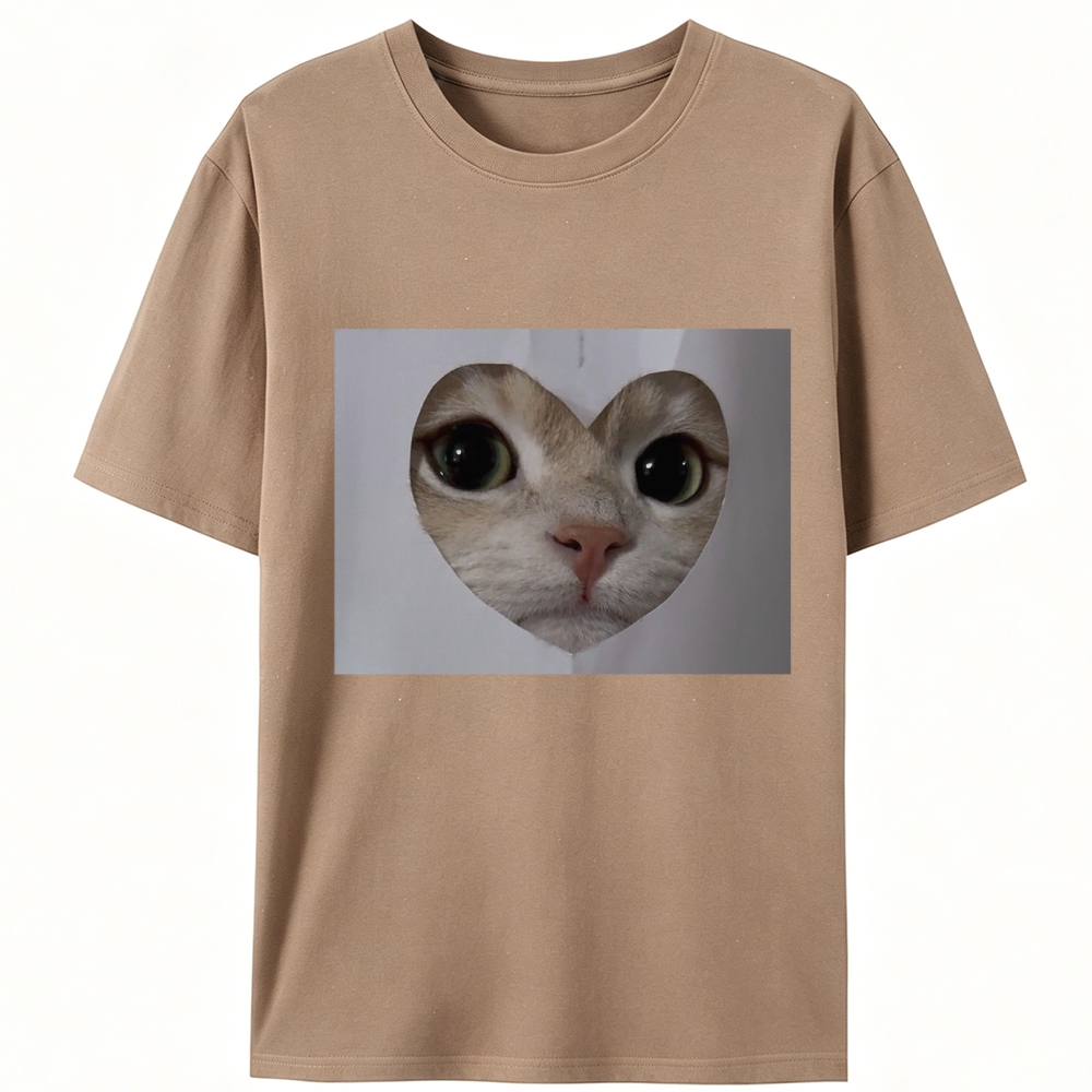 Heart Cutout Cat Face Retro Designed for Women - Slim Fit Cotton Tee