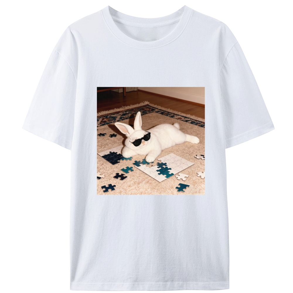 Rabbit Doing Puzzle Procrastinating Retro Designed for Women - Slim Fit Cotton Tee