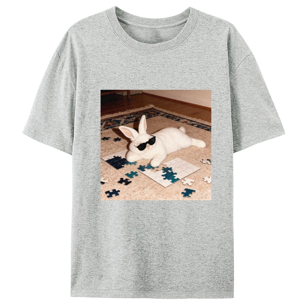 Rabbit Doing Puzzle Procrastinating Retro Designed for Women - Slim Fit Cotton Tee