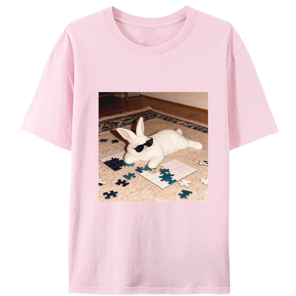 Rabbit Doing Puzzle Procrastinating Retro Designed for Women - Slim Fit Cotton Tee