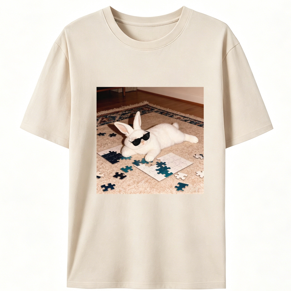 Rabbit Doing Puzzle Procrastinating Retro Designed for Women - Slim Fit Cotton Tee
