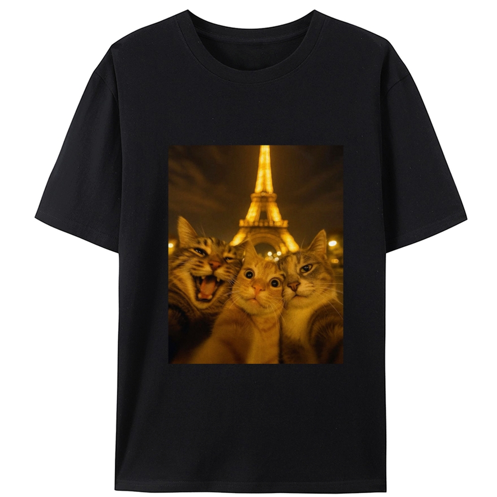 Cats at Eiffel Tower Selfie Cats at Eiffel Tower Selfie Retro Designed for Women - Slim Fit Cotton Tee