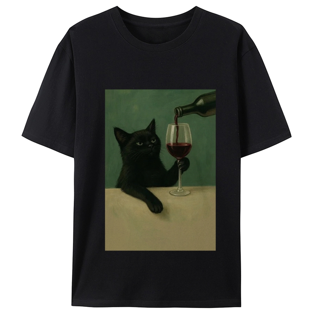 Black Cat with Wine Retro Designed for Women - Slim Fit Cotton Tee