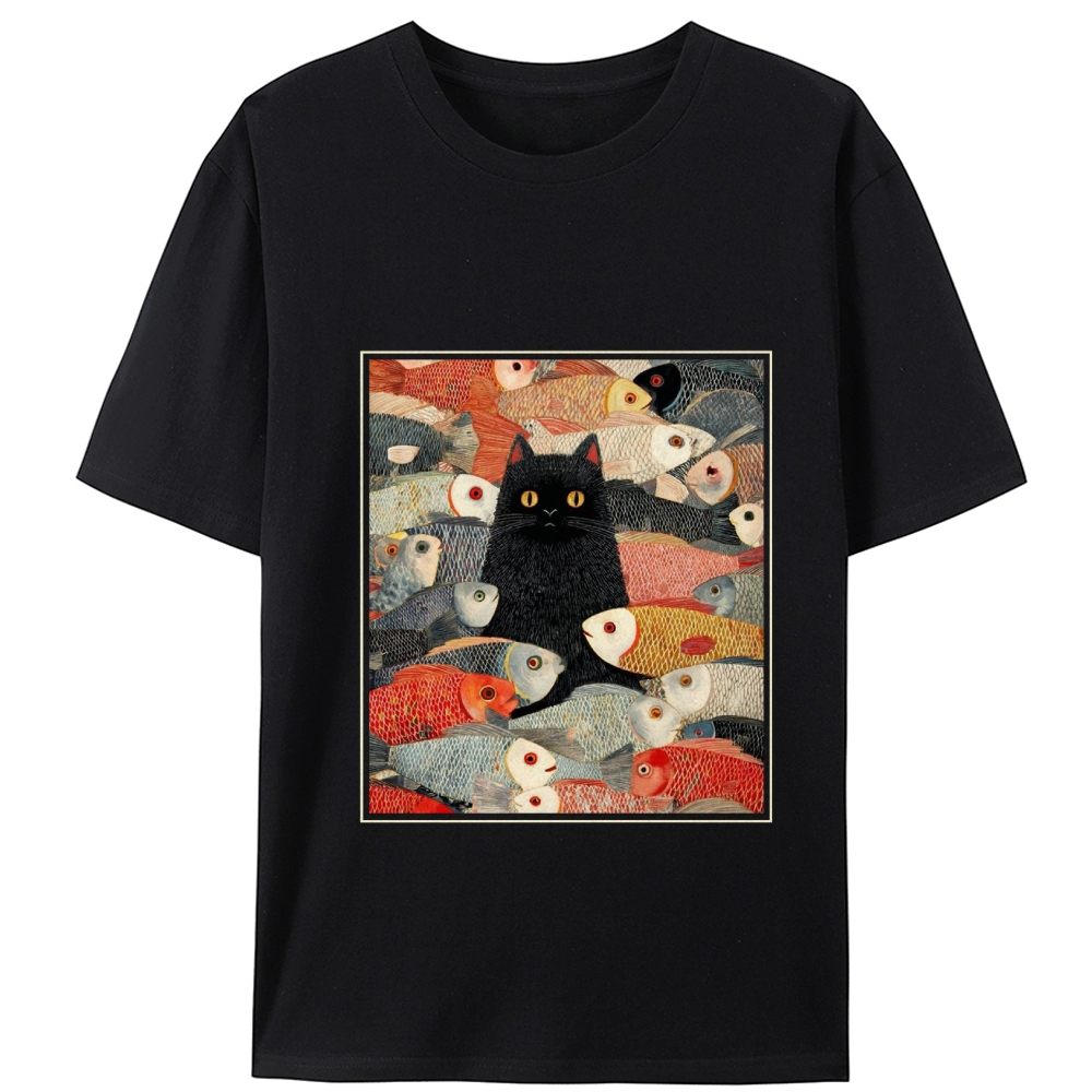 Black Cat Among Fish Art Retro Designed for Women - Slim Fit Cotton Tee