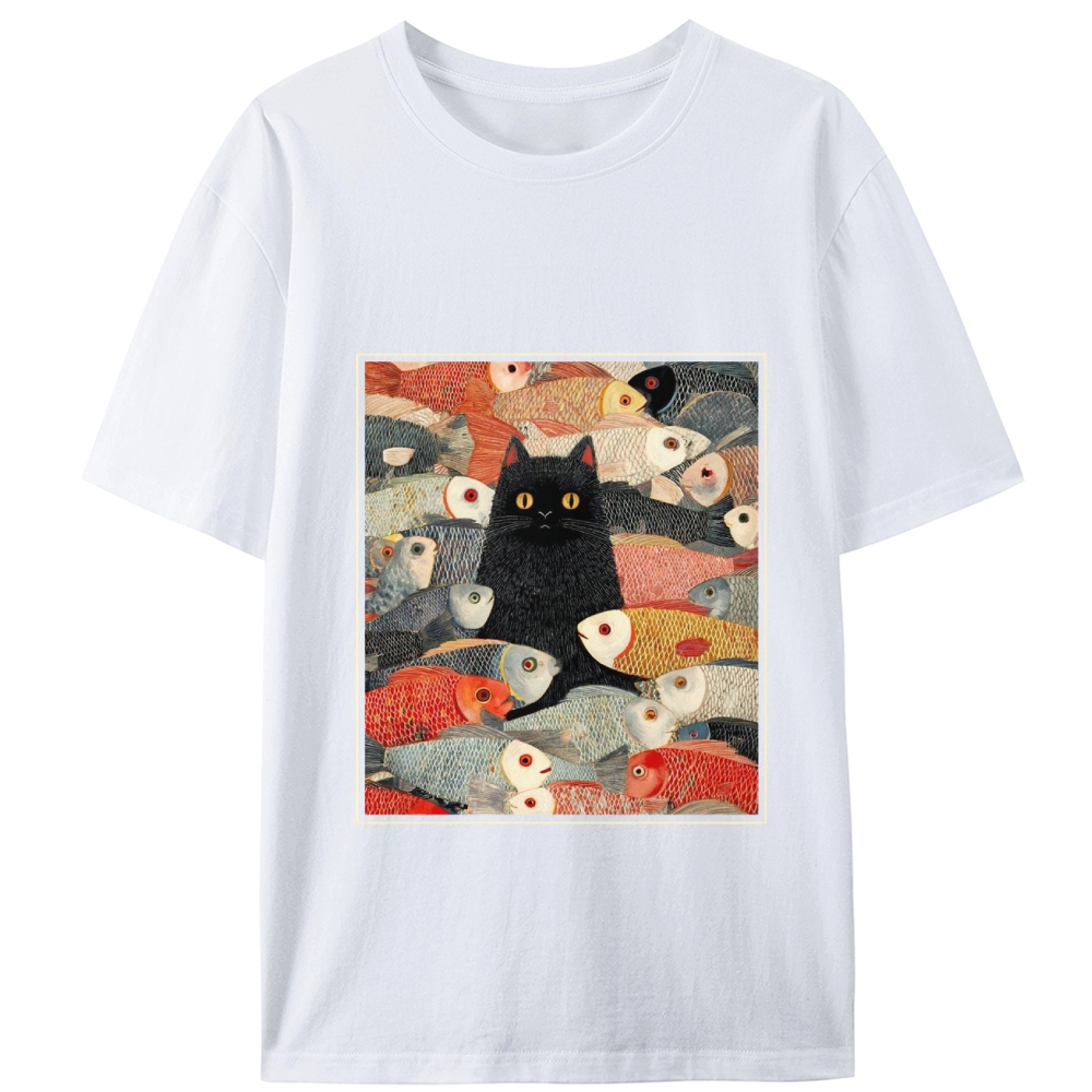 Black Cat Among Fish Art Retro Designed for Women - Slim Fit Cotton Tee