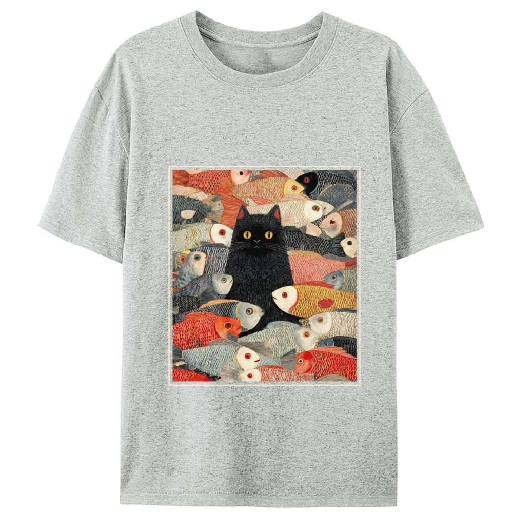 Black Cat Among Fish Art Retro Designed for Women - Slim Fit Cotton Tee