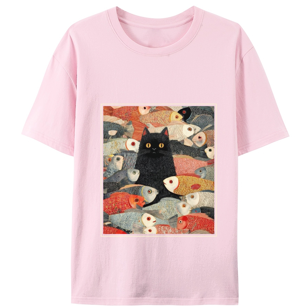 Black Cat Among Fish Art Retro Designed for Women - Slim Fit Cotton Tee