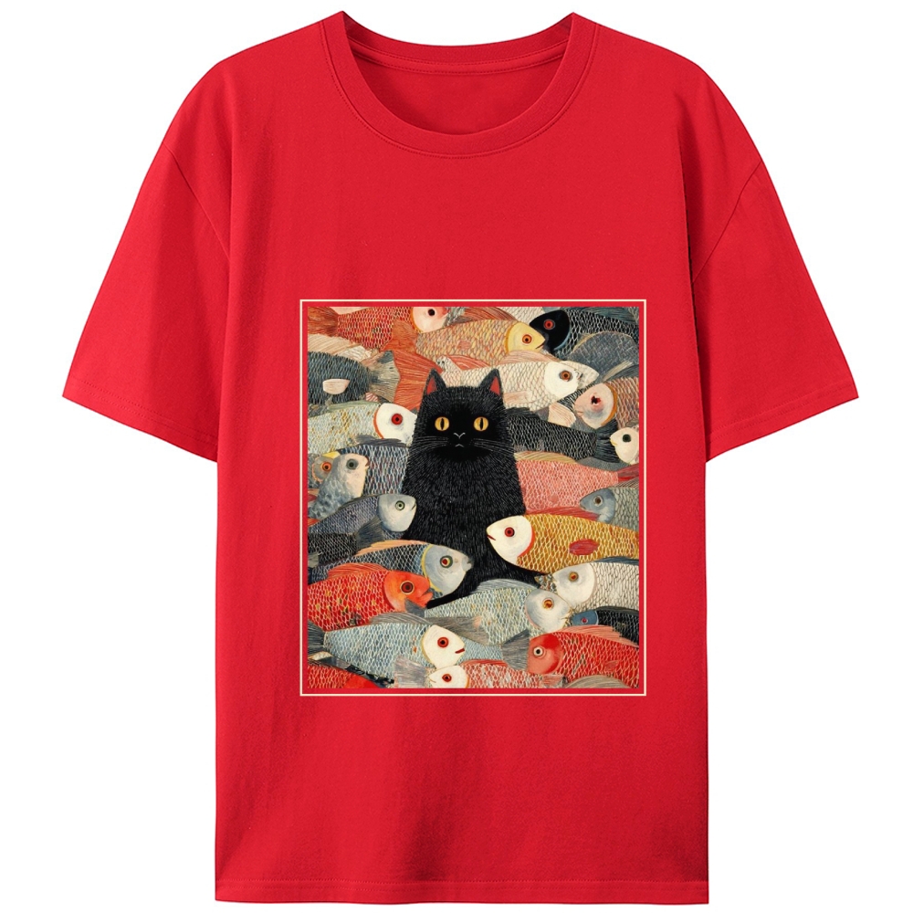 Black Cat Among Fish Art Retro Designed for Women - Slim Fit Cotton Tee