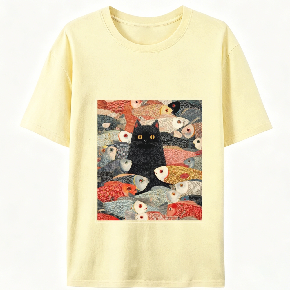 Black Cat Among Fish Art Retro Designed for Women - Slim Fit Cotton Tee