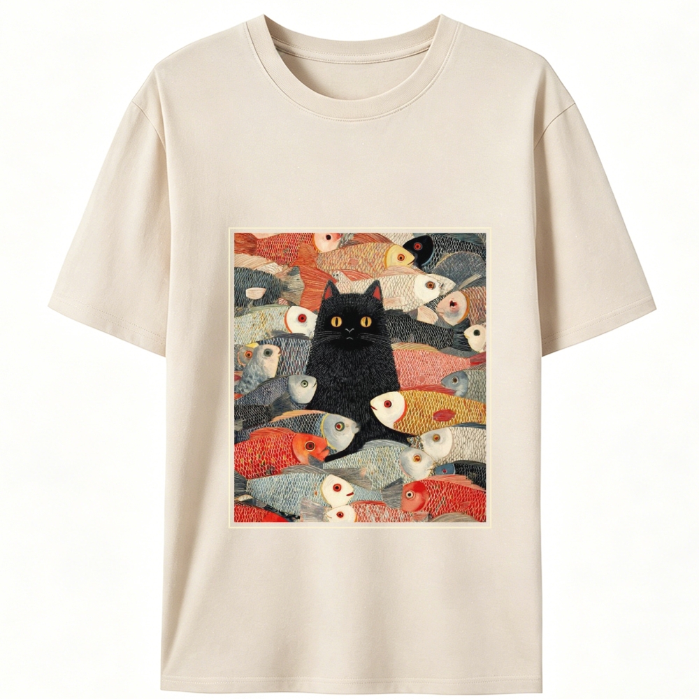 Black Cat Among Fish Art Retro Designed for Women - Slim Fit Cotton Tee