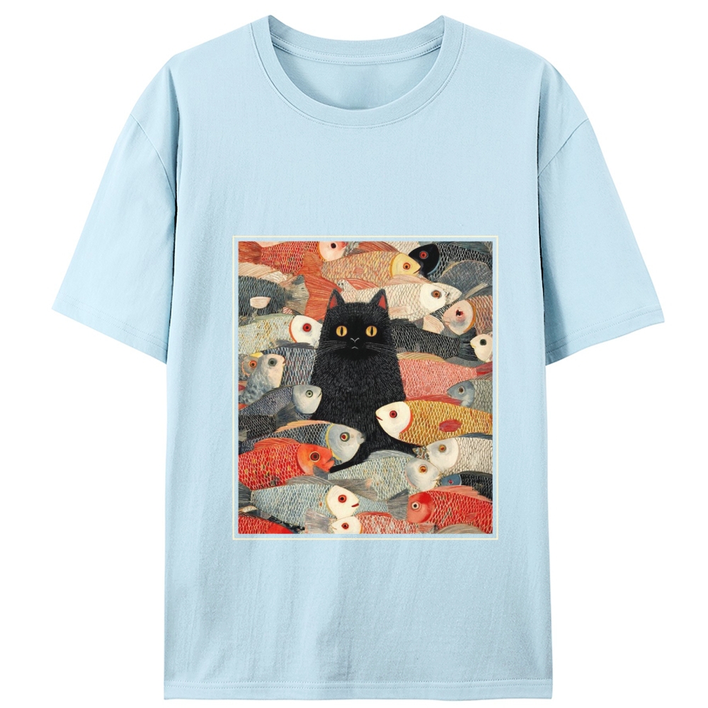 Black Cat Among Fish Art Retro Designed for Women - Slim Fit Cotton Tee