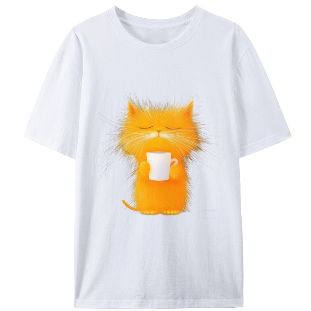 Fluffy Orange Cat with Coffee Retro Designed for Women - Slim Fit Cotton Tee