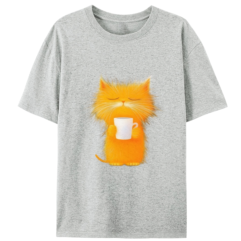 Fluffy Orange Cat with Coffee Retro Designed for Women - Slim Fit Cotton Tee